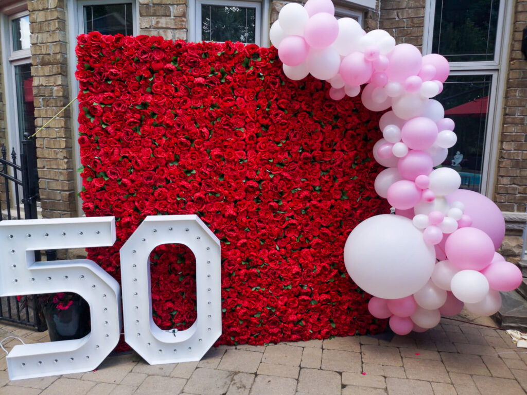 Red Flower Walls & Pink Balloon- Renting a Brampton Flower Wall